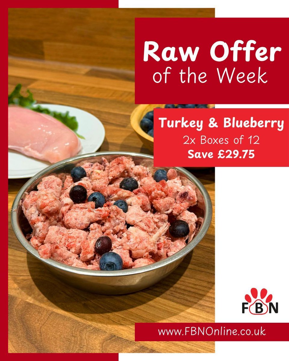 Our Raw Offer this week is... Turkey &amp; Blueberry 🦃🫐
Buy 1 Box, Get 1 Half Price - Save £29.75! 🐾
Lean, easily digestible protein to support strong muscles, with natural antioxidants to help maintain a healthy immune system 🐾

buff.ly/jdEbPUd 

#FBN #RawOfferoftheWeek