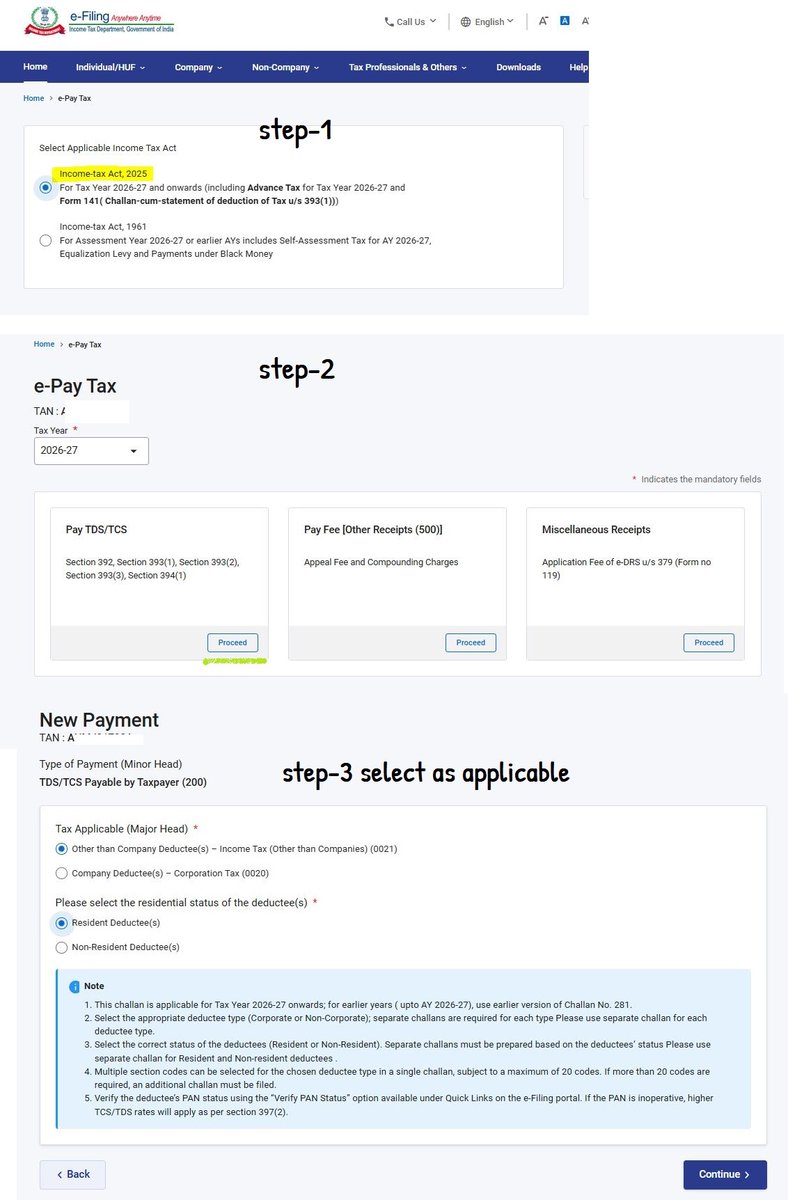 CA_HarshilSHETH's tweet photo. Most commonly used TDS/TCS sections for FY 2026–27 and SOP for TDS TCS challan payment

FY 2026–27 has begun. April 2026 is done — time to deposit TDS TCS for April.

From 1st May 2026, payments of TDS TCS to be done under the New Income-tax Act, 2025.

Here’s a crisp, practical guide:

✔ Most commonly used TDS/TCS sections for FY 2026–27 (slide 1 & 2 ) 
having Clear cross-mapping: Old Act ↔ New Act (Sections & Codes) and Threshold limits + applicable rates under the New Act

✔Plus — a complete SOP for TDS TCS payment:
Great to see that  we can now pay for multiple TDS & TCS sections in a single challan. (Check SOP in slide 3 & 4)

Also, 
there are many such insights already Packed with  ready-to-use references in my book ITRR -5th Edition which is designed to make compliance faster and understanding clearer. Worth having on your desk this year. The Printed Colour Edition (163 pages) is available at a launch price of ₹499 . Avail the launch price benefit

order link - https://t.co/Vsy6UrFC01

order your copy today before stock runs out.

LIKE SHARE RT