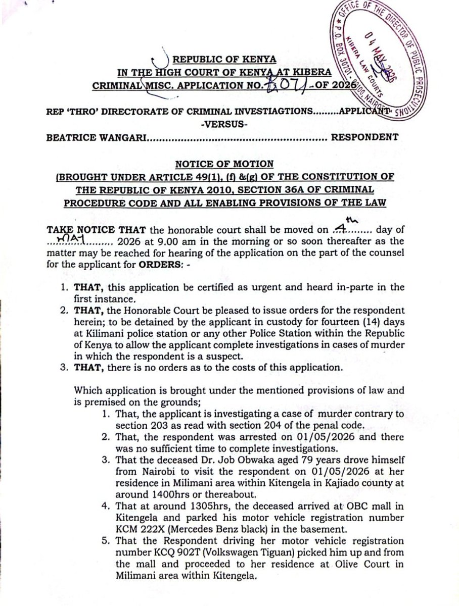 LeviMunyeri's tweet photo. An Application has been filed by the DCI seeking to further detain my client - Beatrice Wangari, for 14 days pending investigations into the death of Dr. Job Obwaka. The Application has no merit. I will oppose it. My client has nothing to do with the demise of the good doctor. https://t.co/JU9xGX2q4J