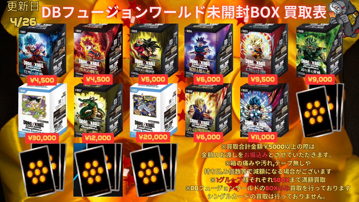 chanpion2877's tweet image. #ドラゴンボールフュージョンワールド #BOX #買取  

■MANGA   BOOSTER 01 ￥30,000
■MANGA   BOOSTER 02 ￥20,000

DBFWの未開封BOX買取募集中！！🔥
買取表に記載のない未開封品等も査定可能ですので       お持ち込みお待ちしております～  

#大阪 #日本橋 #京都 #祇園 #名古屋 #大須