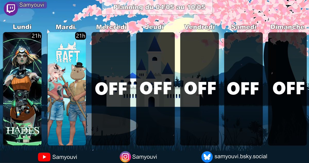 samyouvi's tweet photo. 🌟 Planning du 4 au 10 mai ! 🌟

Lundi : Session Hades 2 avec les Dream Dive
Mardi : De la balade en radeau avec @Yuuki__VT sur Raft
La fin de la semaine en off car il y a Speedons, j'y serais les 4 jours en présentiel !

🎬 https://t.co/jAIAE2PAk2 https://t.co/VBpUYGIkXB