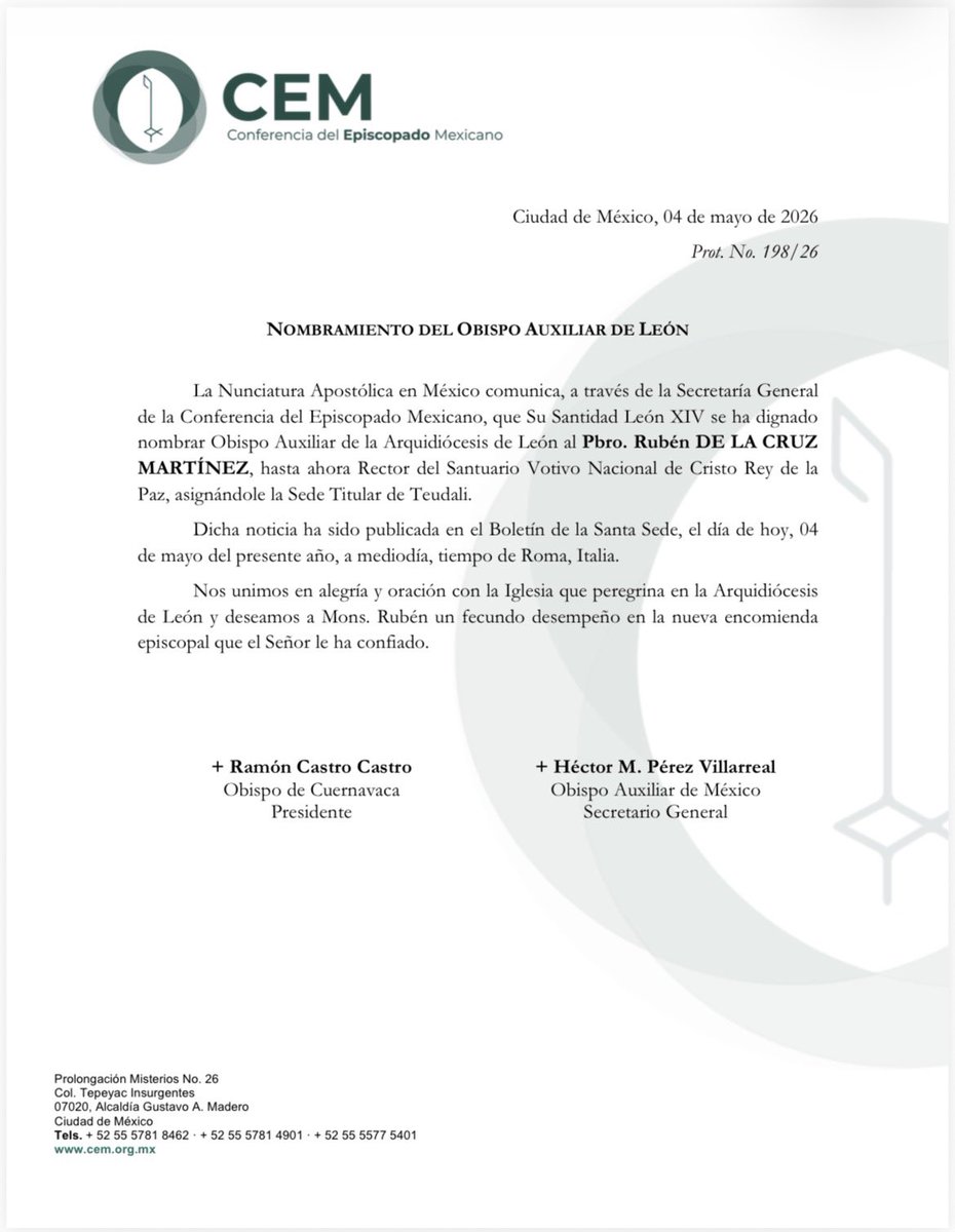 IglesiaMexico's tweet photo. La Nunciatura Apostólica en México comunica, a través de la Secretaría General de la Conferencia del Episcopado Mexicano, que Su Santidad @Pontifex_es se ha dignado nombrar Obispo Auxiliar de la Arquidiócesis de León al Pbro. Rubén DE LA CRUZ MARTÍNEZ, hasta ahora Rector del Santuario Votivo Nacional de Cristo Rey de la Paz, asignándole la Sede Titular de Teudali.

Nos unimos en alegría y oración con la Iglesia que peregrina en la Arquidiócesis de León y deseamos a Mons. Rubén un fecundo desempeño en su nueva encomienda episcopal que el Señor le ha confiado.