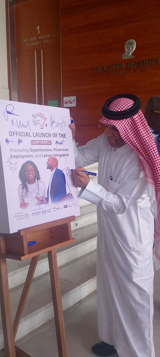 QatarEmbassyADD's tweet photo. H.E. the Amb. of the State of Qatar🇶🇦to Ethiopia🇪🇹participated in the official launch of #JLMPPROPEL at the #AUC.This new phase aims to strengthen labour migration governance,expand opportunities,enhance protection, &amp; promote decent employment for African workers
@JLMPCoordinator https://t.co/NRly1ratmp