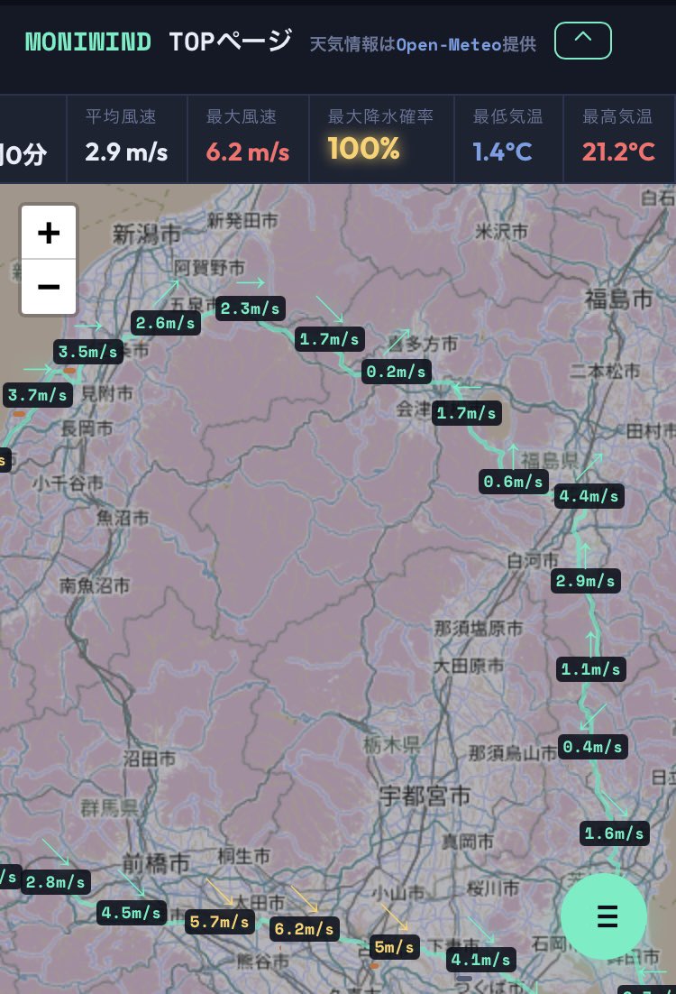 ogumagu's tweet photo. #モニウィンド 本当に助かっています。こんなにも変わりやく、かつ移動しながらの予報なのにかなりの精度です。

明日は燕三条を2時40分にスタート。福島からの南下が向かい風か🤔 https://t.co/lUGMol4FLp