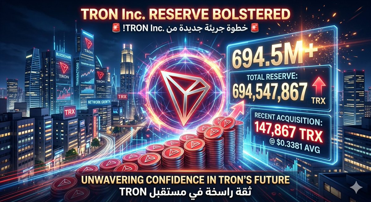 to_l_y's tweet photo. 🚨 Tron Inc. تعزز احتياطاتها!

شراء 147,867 عملة #TRX بمتوسط 0.3381$ 💰
الإجمالي الآن يتجاوز 694.5 مليون TRX 🔥

ثقة واضحة في مستقبل #TRON 🚀 https://t.co/R5ktj1MBfo