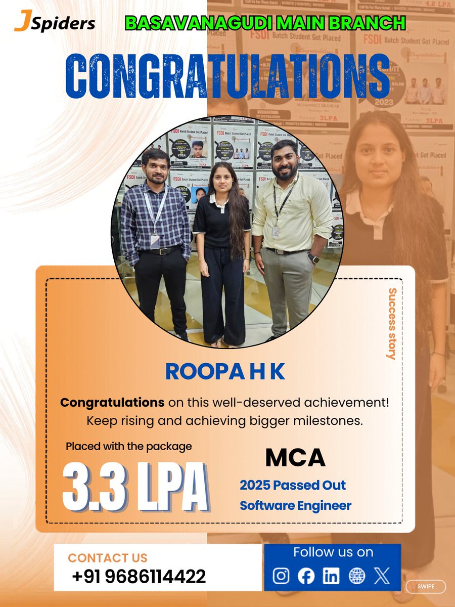 JBasavanagudi's tweet photo. 📷 Congratulations, ROOPA H K, on getting placed at JSPIDERS Basavanagudi! This is a fantastic achievement. Best of luck in your new role! 📷
#jspiders #Congratulations #NewJob #SuccessStory #JavaStack #FullStackJava #JavaDevelopment #JavaCoding #jobplacement https://t.co/ktYPFtU23R