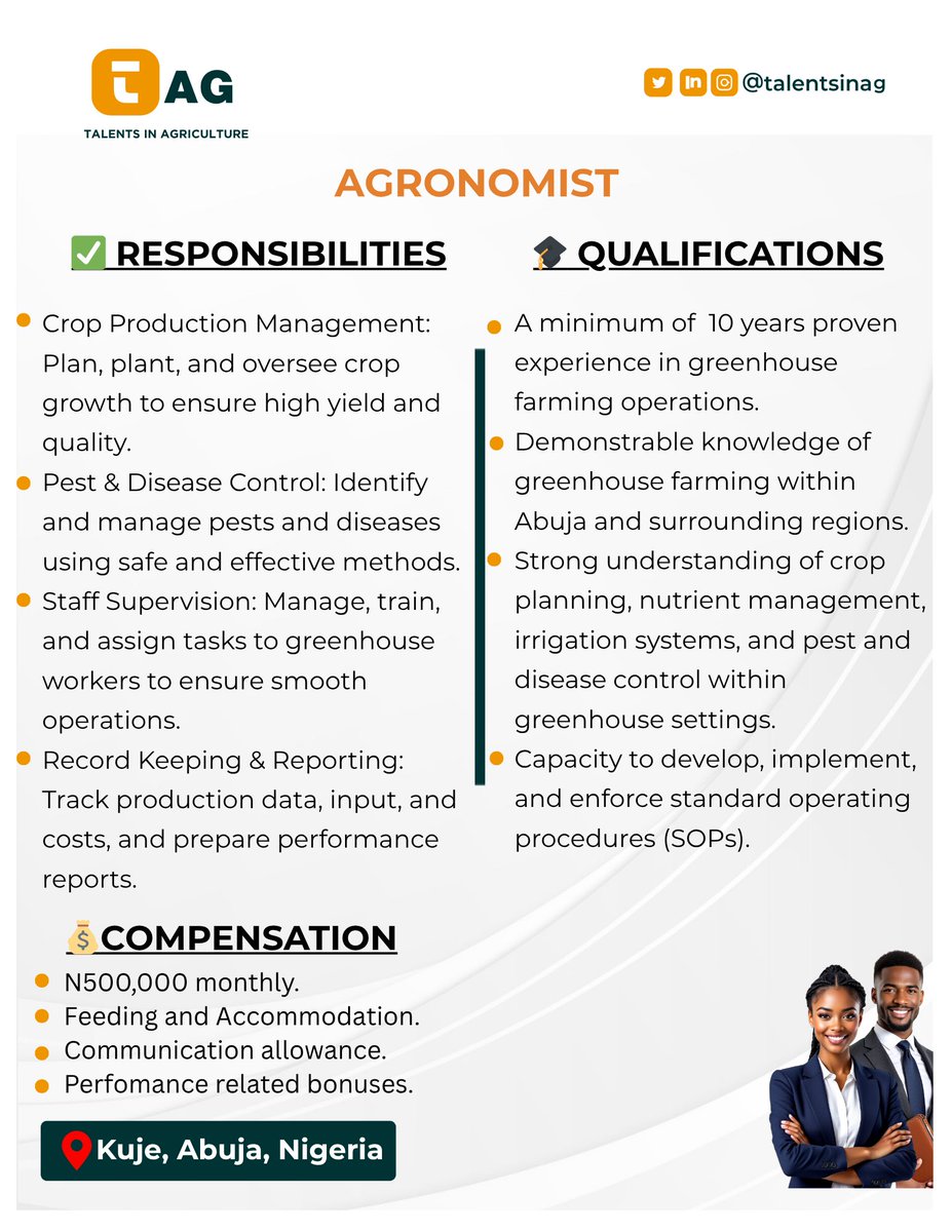 talentsinag's tweet image. We are HIRING in Kuje, Abuja, Nigeria 🧑‍🌾

✅ Role: AGRONOMIST (advanced-level).

▶️ Experienced in greenhouse farming? This is for you.

🔗Apply now via bit.ly/TAGtalents 

📌Please see flyers for more details.

#NowHiring #AgricJobs #Abuja