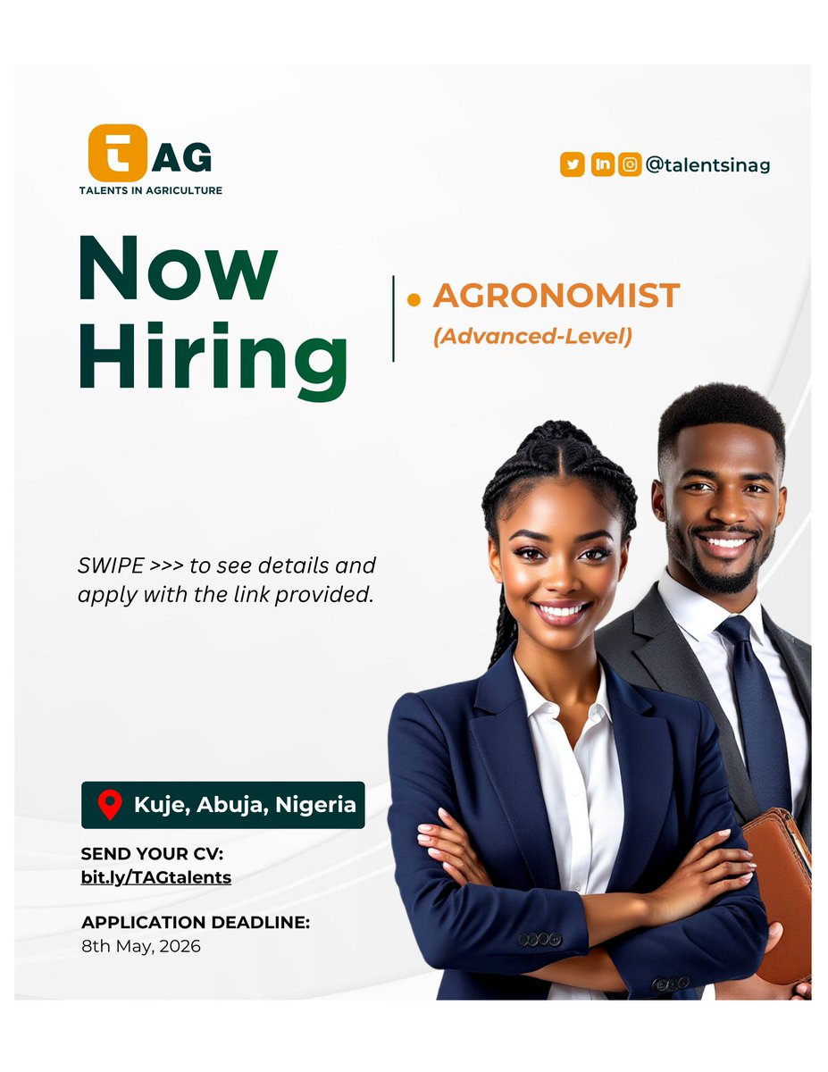 talentsinag's tweet image. We are HIRING in Kuje, Abuja, Nigeria 🧑‍🌾

✅ Role: AGRONOMIST (advanced-level).

▶️ Experienced in greenhouse farming? This is for you.

🔗Apply now via bit.ly/TAGtalents 

📌Please see flyers for more details.

#NowHiring #AgricJobs #Abuja
