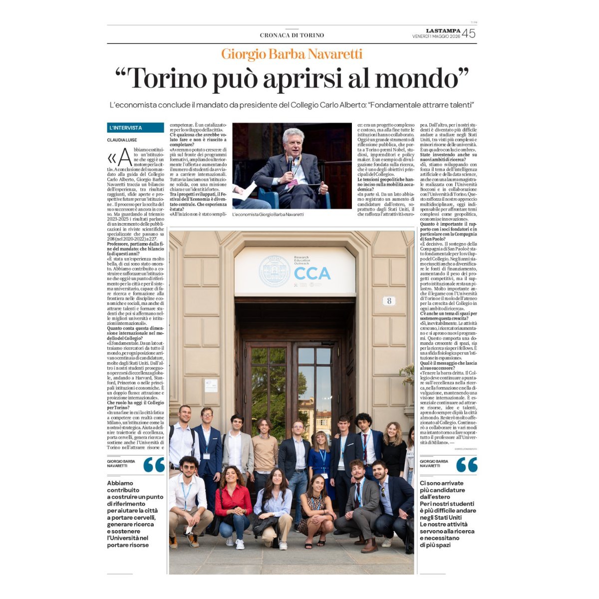 CollegioCA's tweet photo. “Torino può aprirsi al mondo”
In un’intervista a @LaStampa, a cura di Claudia Luise, Giorgio Barba Navaretti traccia un bilancio del suo mandato alla guida del Collegio Carlo Alberto, sottolineando il ruolo dell’istituzione come motore di ricerca, formazione e attrazione di talenti internazionali.

Un impegno che contribuisce allo sviluppo del sistema universitario torinese e a rendere Torino sempre più aperta al mondo.
Leggi l’articolo
#CCA #Torino #Ricerca #Formazione #Economia