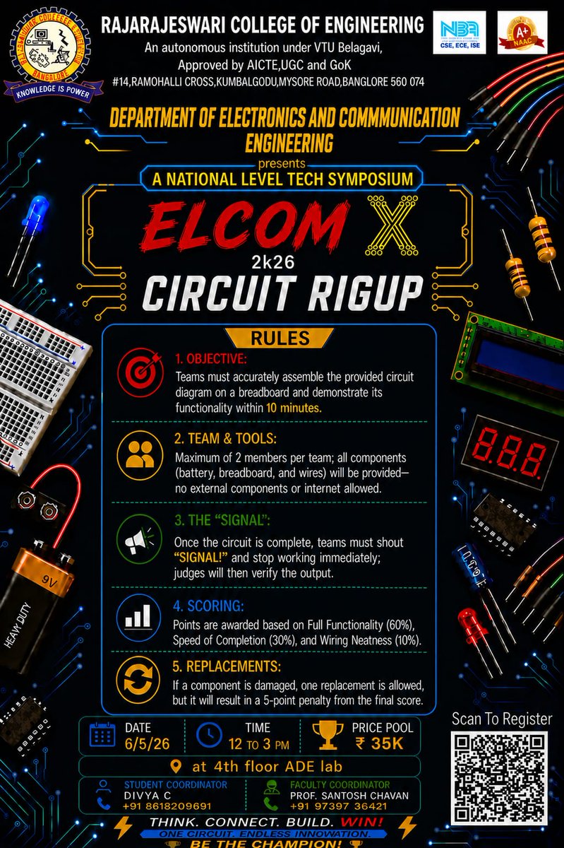 rrceblr's tweet image. ⚙️🔌 #CircuitRigUp at #ELCOMX2026 by #ECE #RRCE tests your circuit design, electronics &amp;amp; problem-solving skills ⚡🧠 Build, connect &amp;amp; compete in this exciting hands-on challenge 🚀 📅 6 May 2026 #Electronics #TechFest #EngineeringEvents #FutureEngineers #Innovation