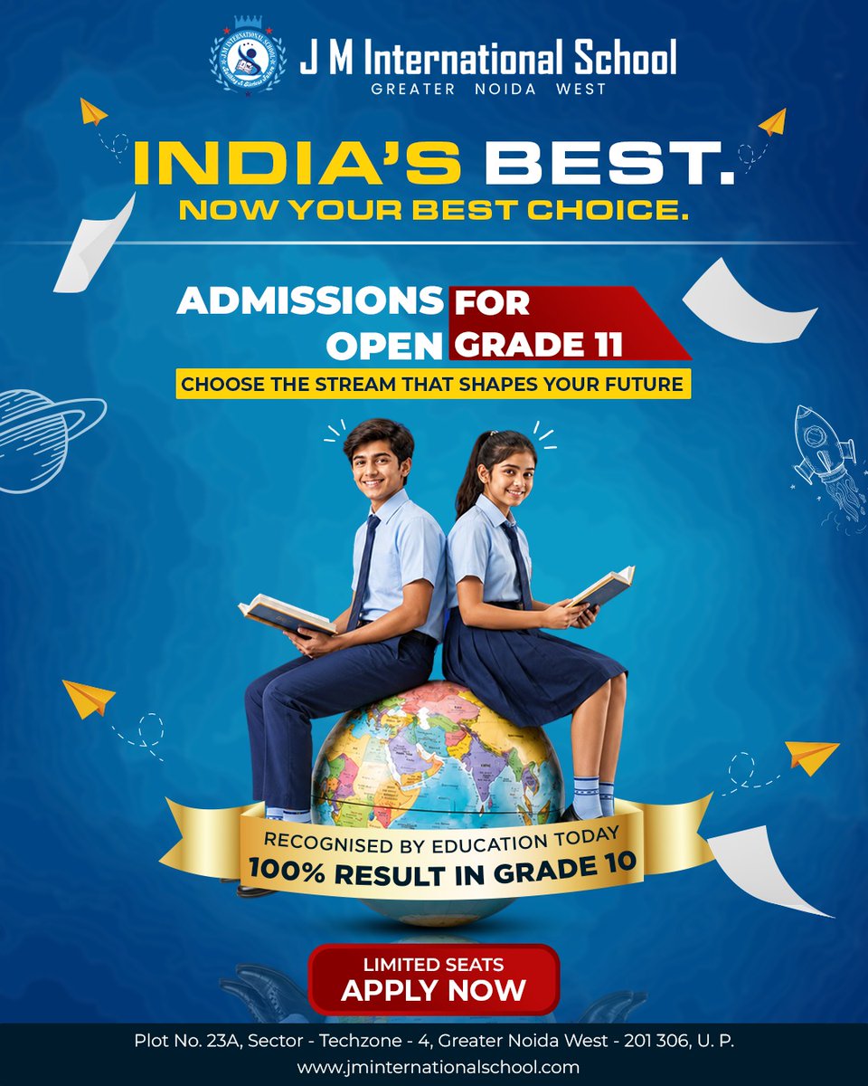 JMNoida's tweet photo. One of India’s best schools, J M International School, Greater Noida, West is where ambition meets opportunity.
With a remarkable 100% result record and a focus on holistic growth. Grade 11 admissions are now open, apply now and grab your seat.

🌐https://t.co/Iv36p5eQ5X https://t.co/kx2uCKKpcl