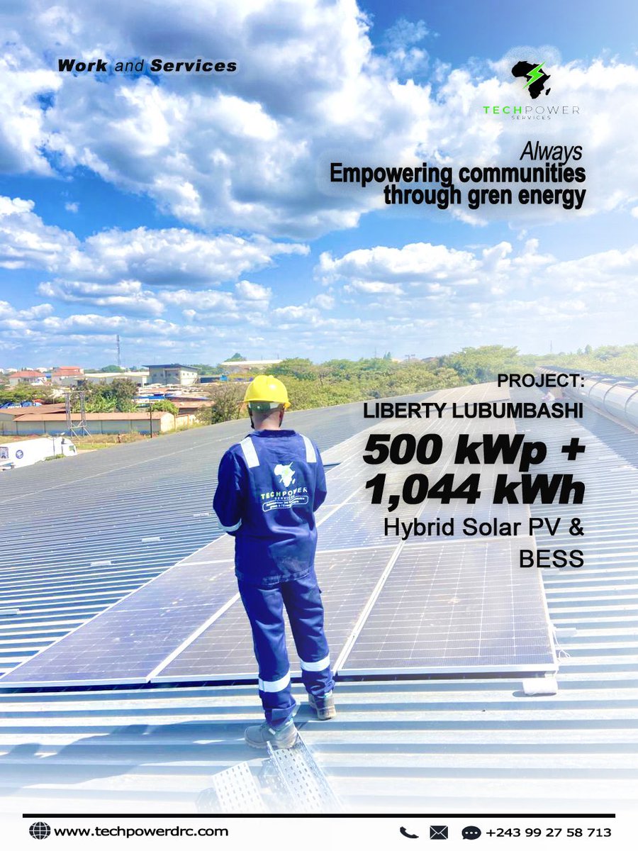 PowerDrc's tweet image. 🔋 #TechPowerServices transforms energy into opportunities!

Our Liberty #Lubumbashi project - 500 kWp+1,044 kWh of storage (#BESS)

🌞 Solar hybrid +storage
🏗️ Reduction of carbon footprint
🤝 #Sustainable #socialimpact
🔁 RT = support #cleanenergy in the #DRC

#EnergyTransition
