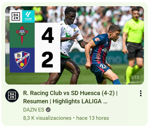 DAZN ha confundido los escudos en el resumen del Real Racing Club de Santander contra la SD Huesca, mostrando el del Racing Club de Ferrol como si fuera el del equipo local
