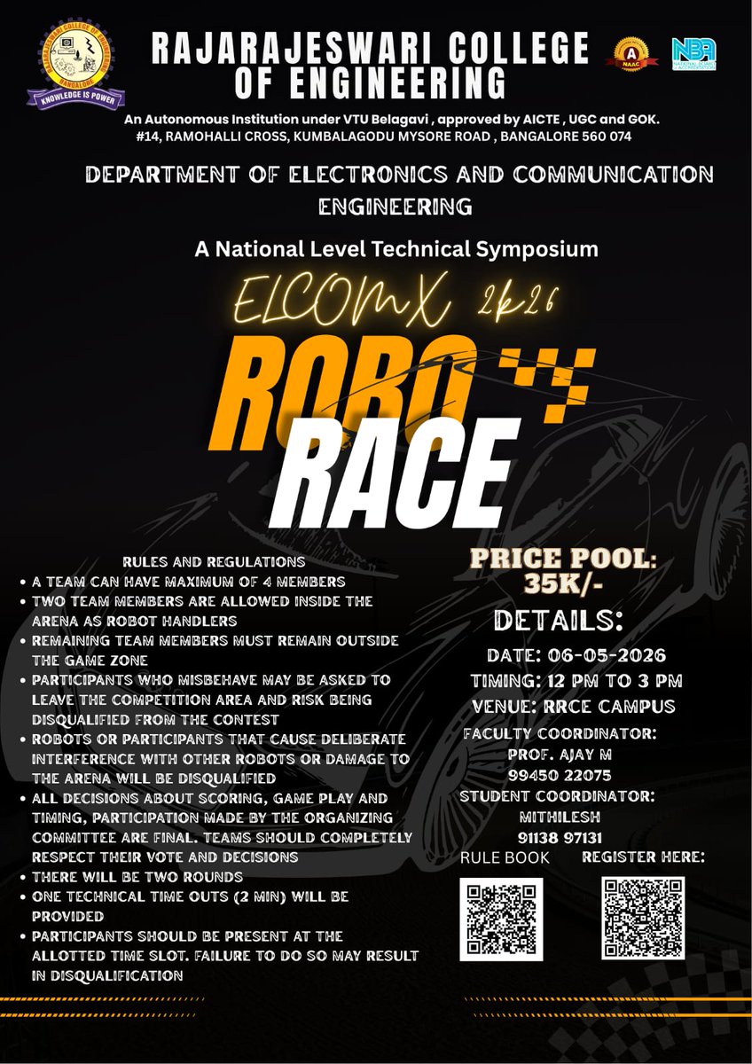rrceblr's tweet image. 🤖🏁 #RoboRace at #ELCOMX2026 by #ECE #RRCE brings speed, robotics &amp;amp; innovation together ⚡ Build smart bots, race with precision &amp;amp; compete for victory 🚀🔥 📅 6 May 2026 #Robotics #Automation #TechFest #EngineeringEvents #FutureEngineers #RobotRace