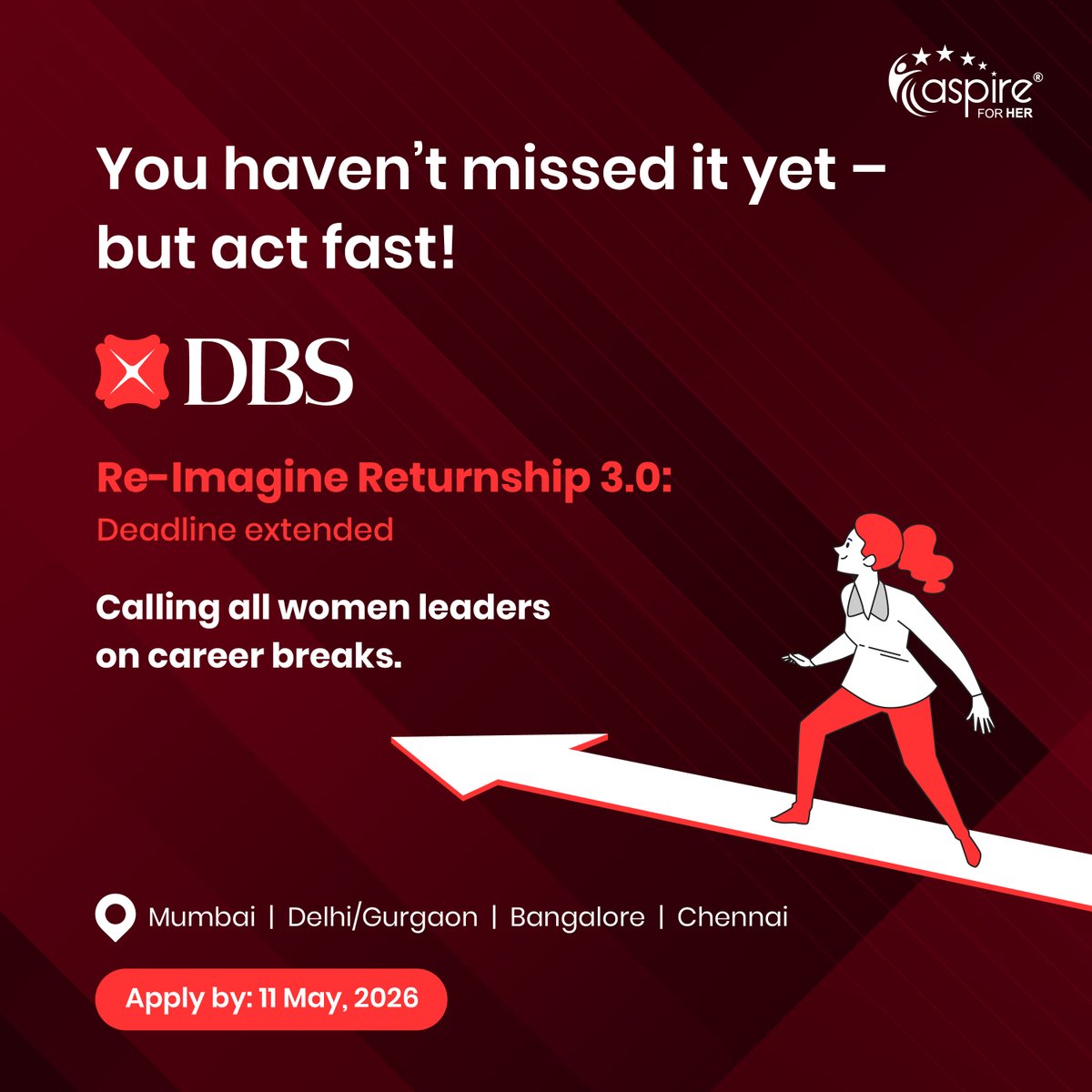 her_aspire's tweet photo. On a career break for 6+ months? Don’t miss applying for DBS Re-Imagine Returnship 3.0!

This 6-month program welcomes mid to senior women back to the workforce. Apply to work on high-impact projects, learn, find support &amp; potentially land long-term roles: https://t.co/7KIjzAJXnh https://t.co/PIFpWR9aWJ