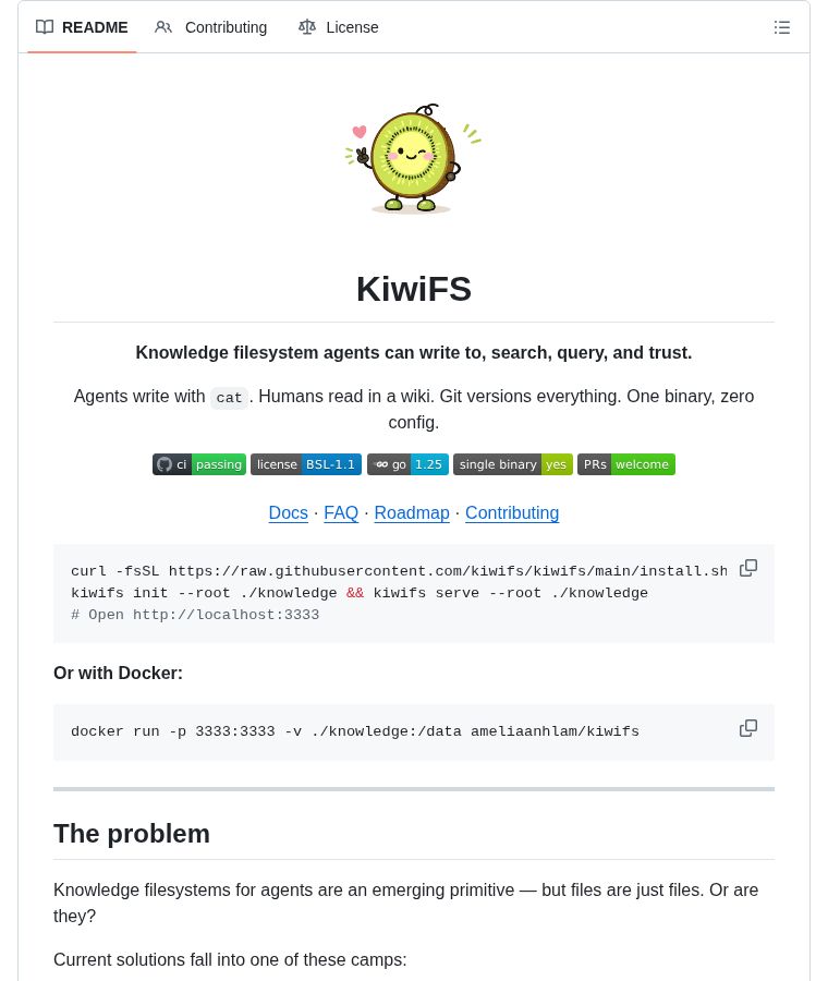 chenzeling4's tweet image. KiwiFS: Knowledge filesystem agents can write to, search, query, and trust. Agents write with cat, humans read in a wiki. Git versions everything. One binary, zero config. Structured markdown with frontmatter, full-text search, web UI. By kiwifs. Go.

401 stars
#KnowledgeMgmt #AI