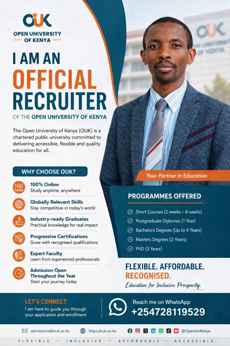 Hello ,Happy new month of May to you.
Feel free to join OUK for better education for you. <a href="/OpenUniKenya/">Open University Kenya</a>  
reach me out for further guidelines. 
KARIBU SANA