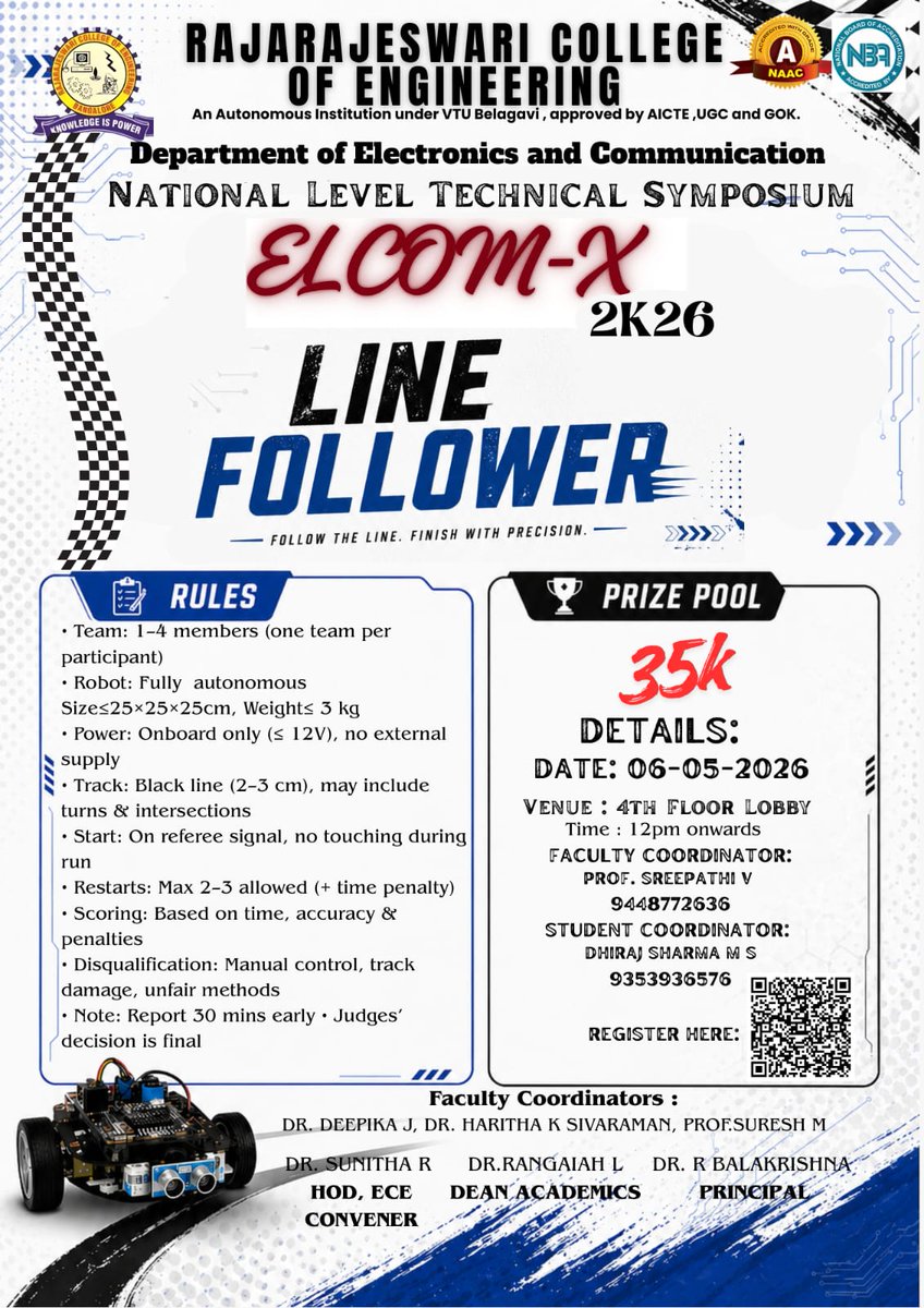 rrceblr's tweet image. 🤖🚗 #LineFollower at #ELCOMX2026 by #ECE #RRCE brings the ultimate robotics challenge ⚡ Build smart bots, test speed &amp;amp; precision, and race to victory 🚀🔥 📅 6 May 2026 #Robotics #Automation #TechFest #EngineeringEvents #FutureEngineers #RobotRace