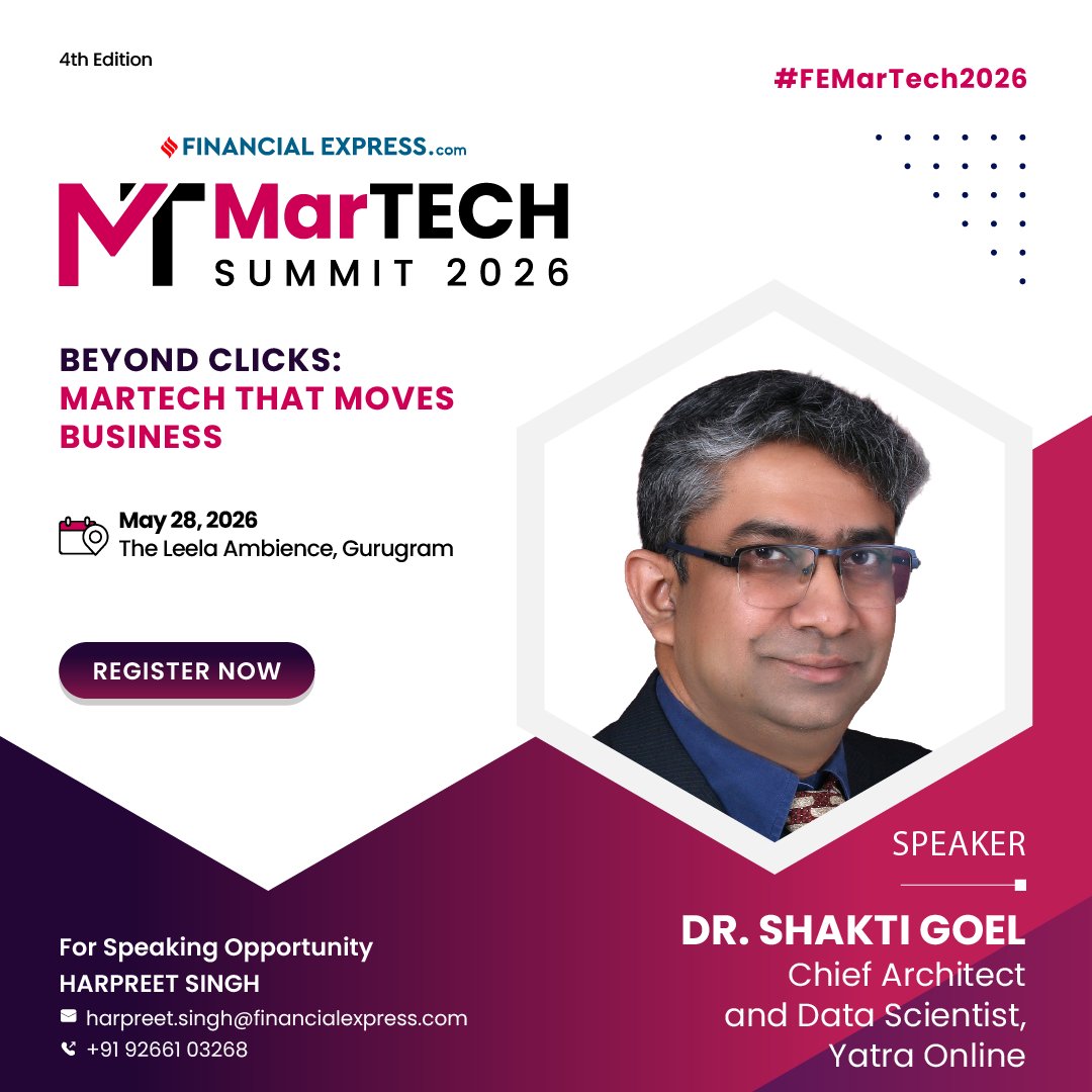 FEBrandWagon's tweet image. Dr. Shakti Goel, Chief Architect &amp;amp; Data Scientist, @YatraOfficial, will be joining the #FEMarTech2026 to share perspectives on how data shaping smarter marketing &amp;amp; business outcomes.
May 28, 2026 | The Leela Ambience, Gurugram

Register now: inexp.in/9rWp+q

#MarTech