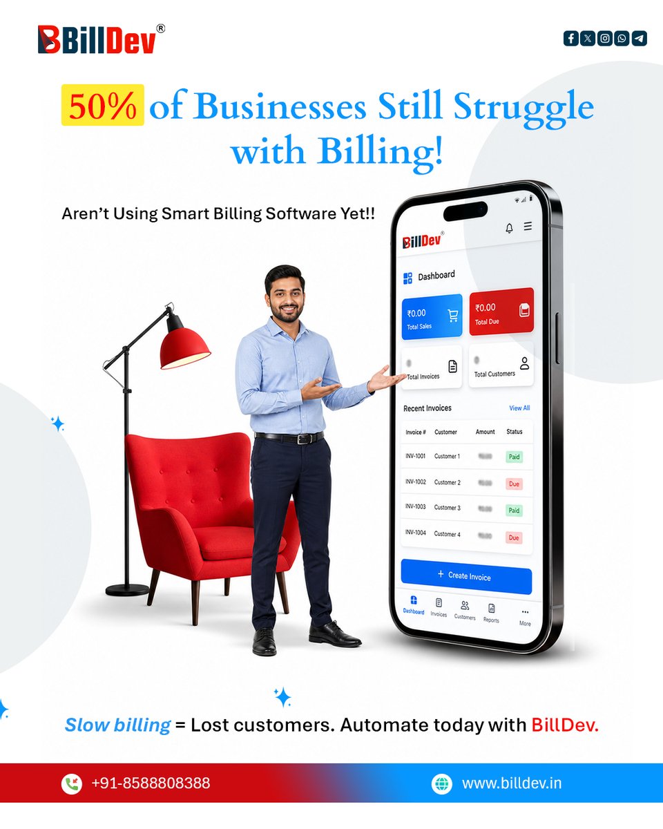 billdevindia's tweet image. Still struggling with billing? You’re not alone.

50% of businesses lose time &amp;amp; customers due to slow billing.
It’s time to switch to smart, fast &amp;amp; automated billing with BillDev 🚀

#BillingSoftware #BillDev #SmartBusiness #AutomationTools #SmallBusinessIndia #StartupIndia