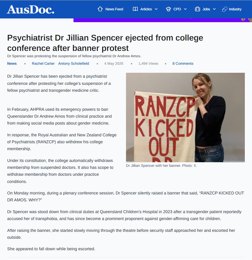 Jilliantweeting's tweet photo. AusDoc article about @RANZCP security pushing me over and dragging me out down the stairs (clunk, clunk, clunk went my legs) because I silently held up a sign in the aisle at the RANZCP Congress. Response from the RANZCP: they think my silent protest wasn't 'respectful'. 
@Mark_Butler_MP @AngusTaylorMP @PaulineHansonOz @DavidCrisafulli @TimNichollsMP