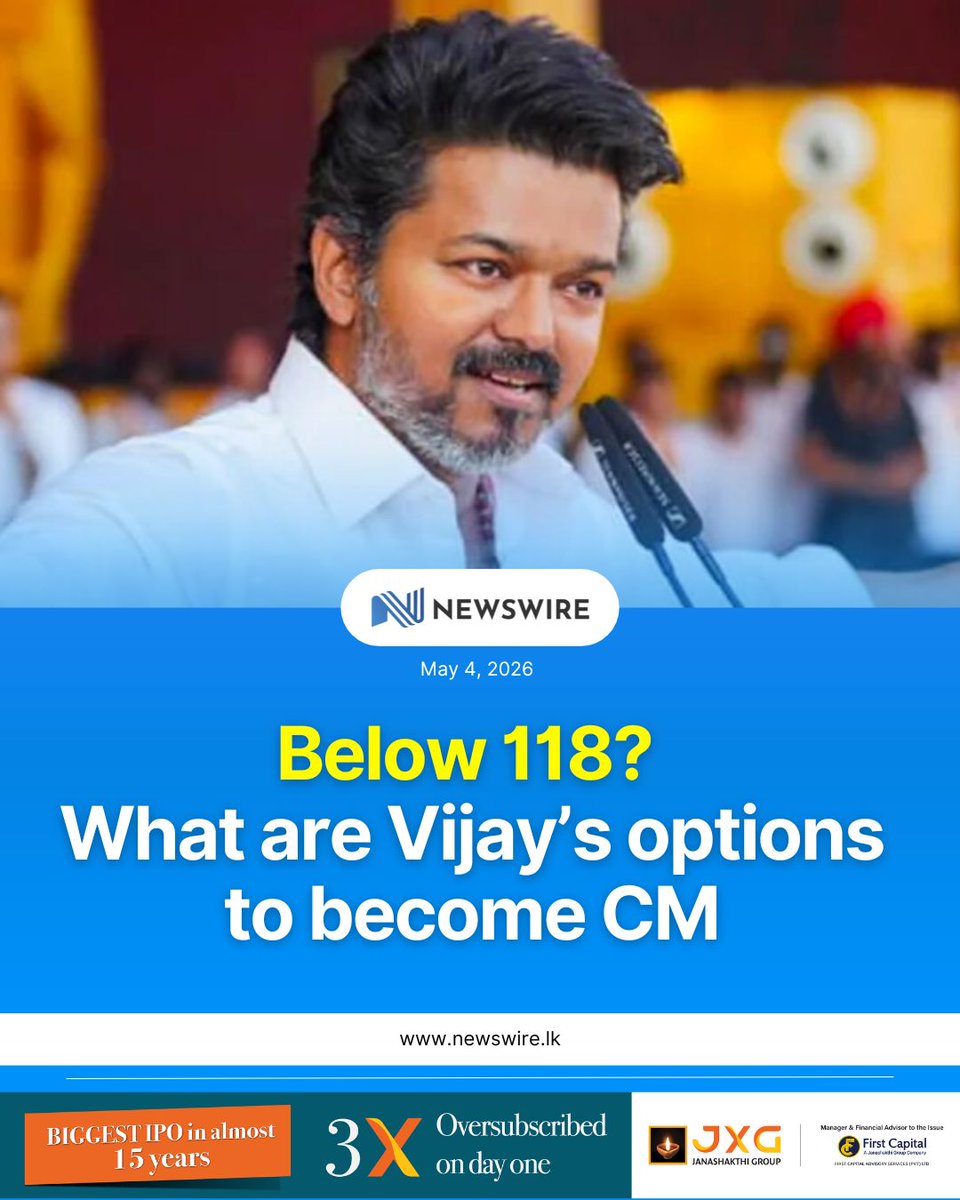 NewsWireLK's tweet photo. Actor-turned-politician C. Joseph Vijay is likely to become the next Chief Minister of Tamil Nadu, with his party Tamilaga Vettri Kazhagam (TVK) emerging as the single largest force in the ongoing vote count.

TVK is currently leading in over 110 seats, putting Vijay within striking distance of the 118-seat majority required to form a government on its own in the 234-member Assembly.

However, if the party falls short of that mark once final results are declared, Vijay may need the support of smaller parties to secure a working majority.

Parties such as the Pattali Makkal Katchi and the Indian National Congress are seen as potential kingmakers, with their backing likely to play a crucial role in government formation in a hung assembly scenario.

With narrow margins in several constituencies still in play, the final outcome remains fluid. But as it stands, Vijay is firmly on course to lead the next government—either with a clear majority or with post-poll support. (Newswire)