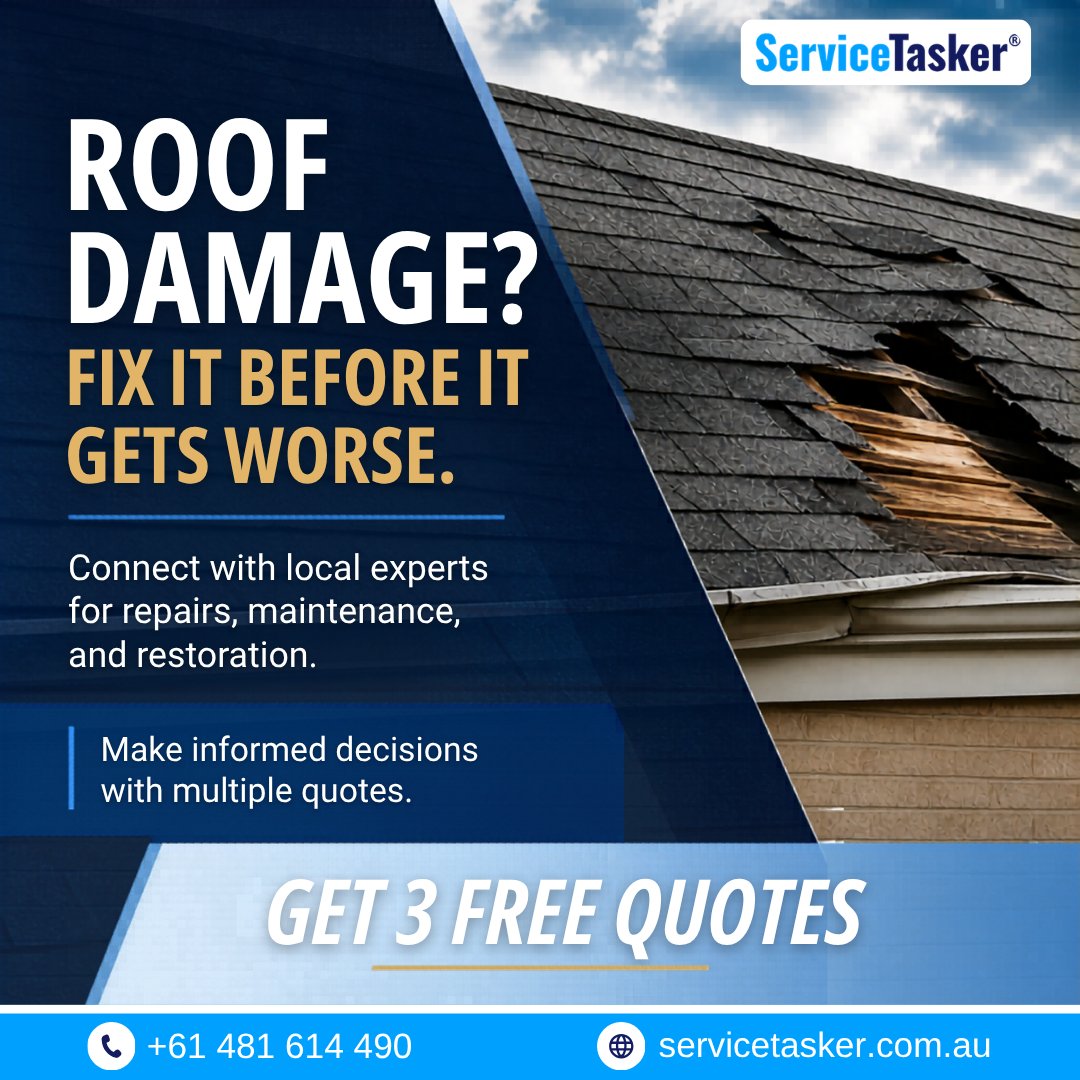 ServiceTasker's tweet image. Roof damage? Don’t wait until it costs you more 💸

Small cracks today can turn into major repairs tomorrow.

👉 Post your job once on #ServiceTasker
💬 Get 3 FREE quotes from local #roofingexperts
✔ Compare before you decide

🌐 servicetasker.com.au/find/roof-repa…
📞 +61 481 614 490