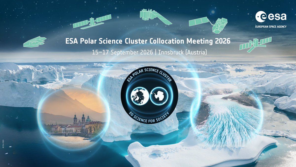 EO_OPEN_SCIENCE's tweet photo. Polar science community: abstract submission is now open for the ESA Polar Science Cluster Collocation Meeting 2026 ❄️
📍 Innsbruck
📅 15–17 Sept 2026
➕ Excursion 18 Sept
A great chance to connect, share, and collaborate.

Details and submission portal: https://t.co/GHynuDpkdq https://t.co/c4HvJYrbCH