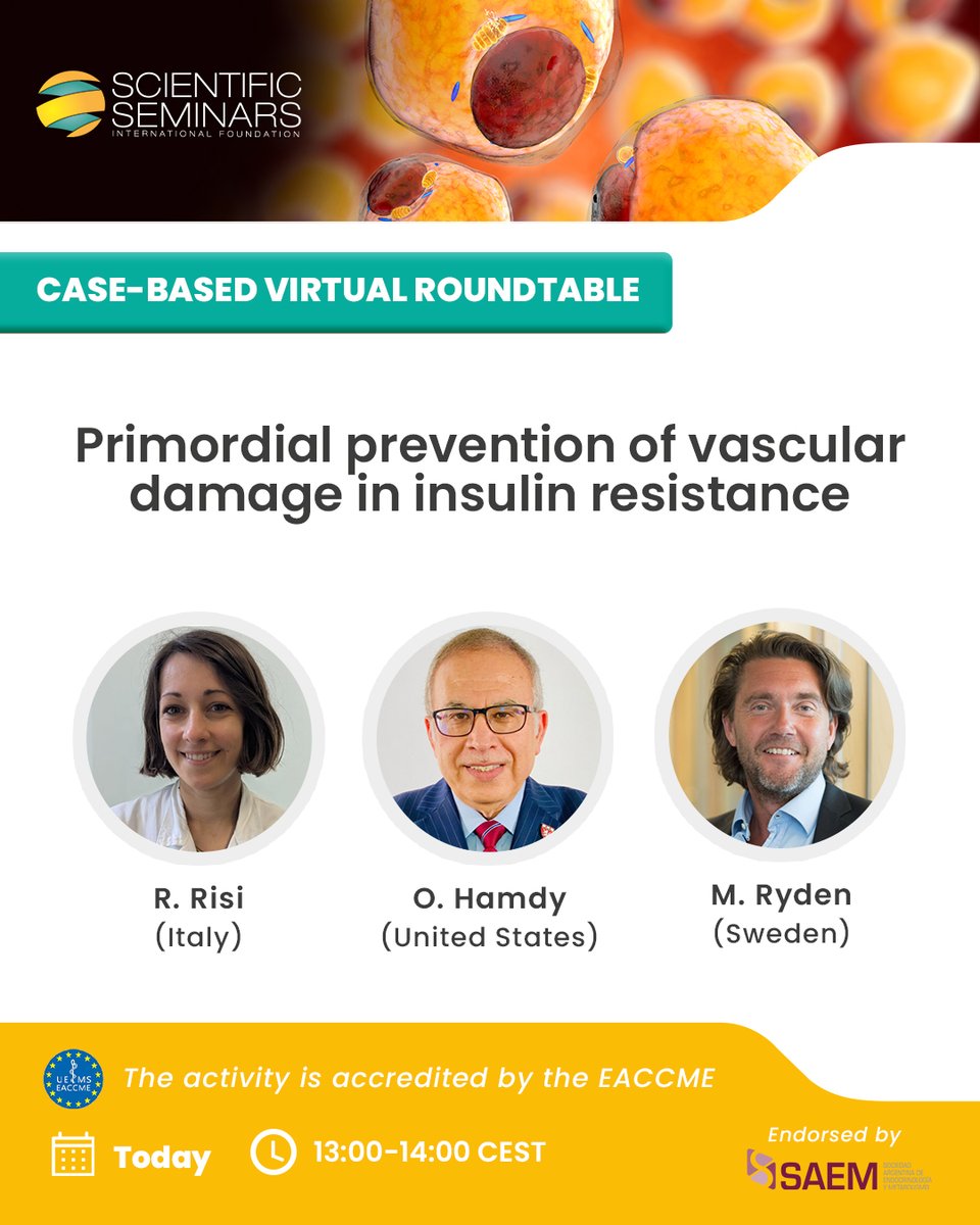 ScientificSemi1's tweet photo. ▶ Free Case-based Virtual Roundtable
💡 Primordial prevention of vascular damage in insulin resistance
👨‍⚕️ Chair R. Risi (Italy), Speakers @DrOsamaHamdy (United States), M. Ryden (Sweden)
📆 Today

➡️ Join here for free: https://t.co/bpc1dTSqtS

@endosaem https://t.co/vKX8PWVNHM