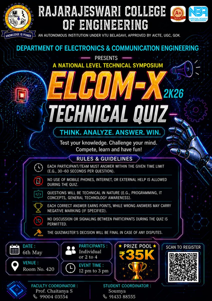 rrceblr's tweet image. 🧠⚡ #TechnicalQuiz at #ELCOMX2026 by #ECE #RRCE tests your technical knowledge, critical thinking &amp;amp; problem-solving skills 🔥🏆 Compete, answer smart &amp;amp; top the leaderboard 🚀 📅 6 May 2026 #QuizCompetition #TechFest #EngineeringEvents #KnowledgeChallenge #FutureEngineers