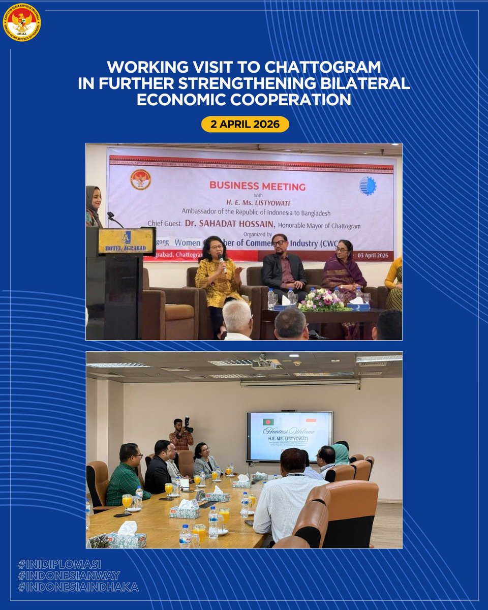 IndonesiaDhaka's tweet image. Last month, Indonesian Ambassador H.E. Ms. Listyowati conducted a series of engagements with Bangladeshi government officials and business leaders to strengthen bilateral economic cooperation, including her first working visit to Chattogram. 

#IniDiplomasi
#RintisKemajuan