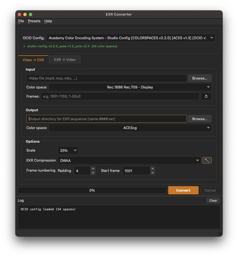 derekvfx's tweet photo. I've open-sourced my EXR Sequence <-> Video File converter.
A desktop GUI app (or headless CLI) that turns video files into OpenEXR sequences and back again, while handling color management with OpenColorIO.

Video → EXR (for pulling plates into comp)
EXR sequences → video (for quick reviews, dailies, or delivery)
Multi-threaded for speed (let it use all your cores)
Bundled integration with OIIO, OCIO + FFmpeg/PyAV
Scaling, compression options, codec choices (ProRes, DNxHR, H.264, etc.)
Nuke style PySide6 GUI or headless CLI.
I've built standalone executables for Mac, Windows, and Linux via Nuitka, so you can just download and run it without relying on environment configurations.
It will automatically pickup your OCIO config if there is an OCIO env variable or you can use a built in one. 

Useful for running conversions in a pipeline without consuming a Nuke license.

https://t.co/dL9dtvXBOB