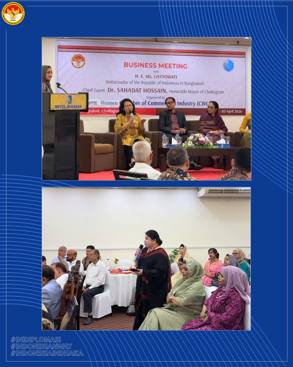 IndonesiaDhaka's tweet image. Ambassador Listyowati also participated in a business meeting organized by the Chattogram Women Chamber of Commerce and Industry (CWCCI), where she engaged in discussion with women entrepreneurs from diverse sectors (3/4).

#IndonesiainDhaka
#KBRIDhaka
#Indonesia #Bangladesh