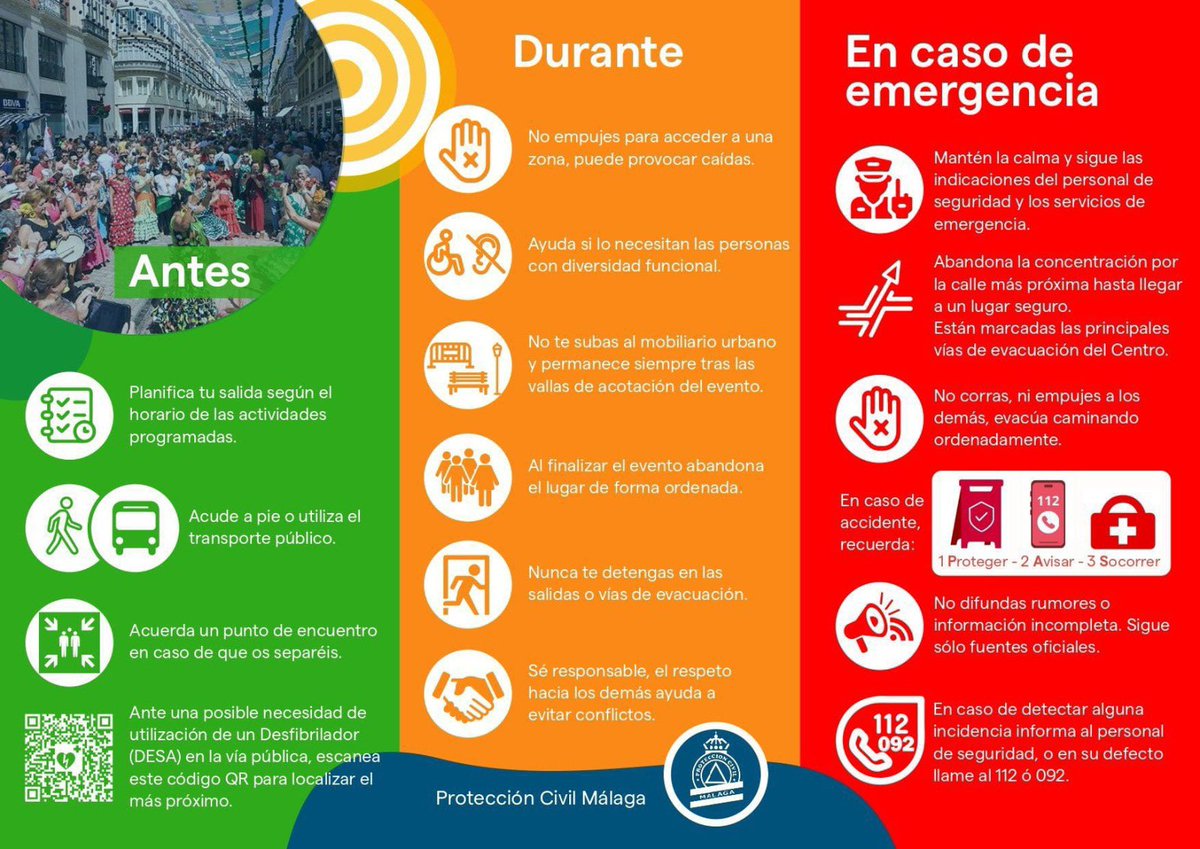 Buenos días. Consulta la guía de Protección Civil con recomendaciones de seguridad a la ciudadanía que participe en eventos que generen una alta afluencia de personas. Más información: malaga.eu//el-ayuntamien….