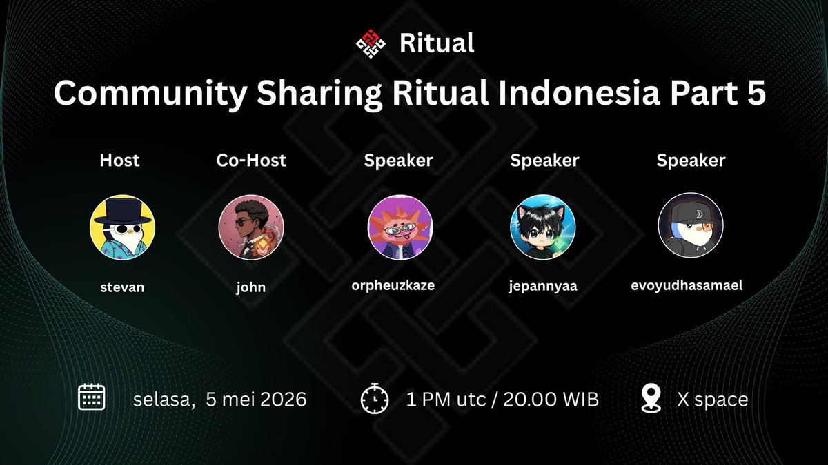 Community Sharing Ritual Indonesia Part 5

Join us for an exciting session where we will discuss Ritual, including the latest developments, updates about the testnet, and valuable insights from community members sharing their journeys within the Ritual ecosystem.

There will also