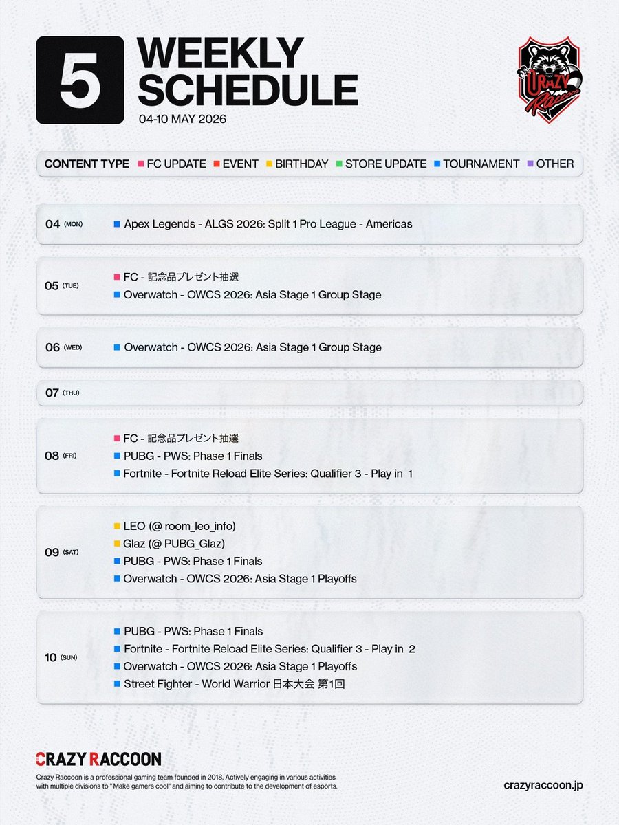 crazyraccoon406's tweet image. 【CR Weekly Schedule】

May Week 1