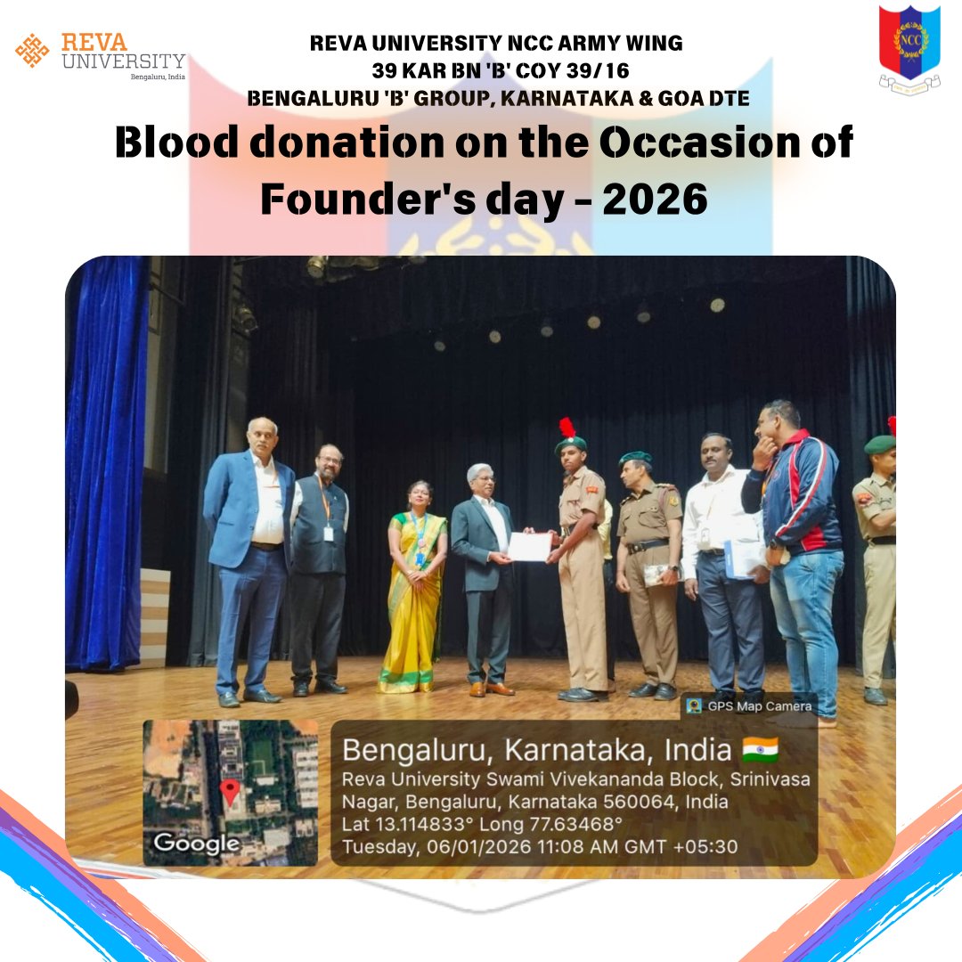 39Inf's tweet photo. Founder’s Day 2026 at REVA University saw NCC cadets donate 36 blood units, present Guard of Honour to Chancellor, and celebrate service, discipline, and innovation with a future-ready vision.
Jai Hind 🇮🇳
#REVA
#revauniversity https://t.co/ff9YJTbzxt