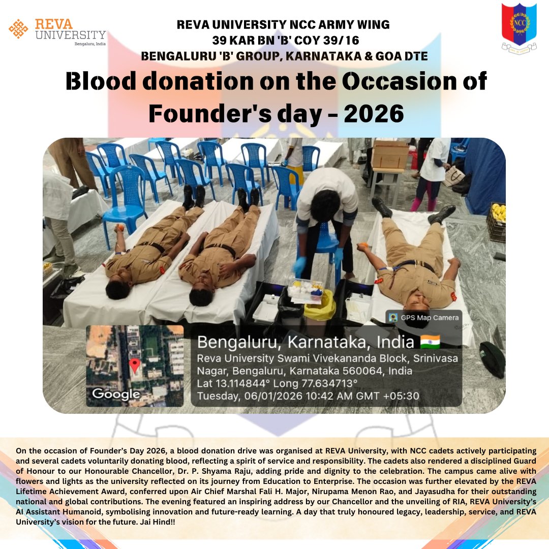 39Inf's tweet photo. Founder’s Day 2026 at REVA University saw NCC cadets donate 36 blood units, present Guard of Honour to Chancellor, and celebrate service, discipline, and innovation with a future-ready vision.
Jai Hind 🇮🇳
#REVA
#revauniversity https://t.co/ff9YJTbzxt