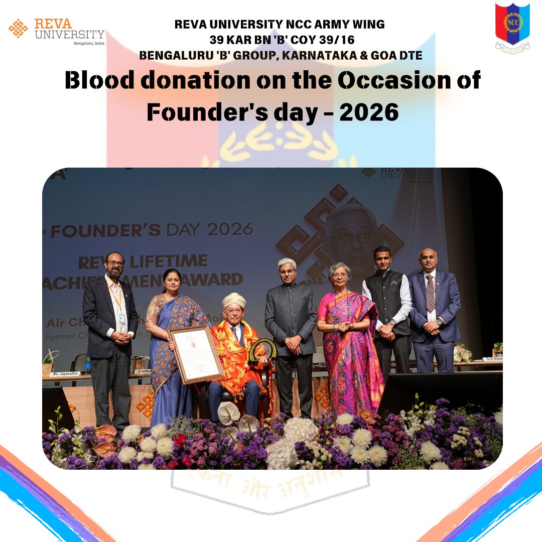 39Inf's tweet photo. Founder’s Day 2026 at REVA University saw NCC cadets donate 36 blood units, present Guard of Honour to Chancellor, and celebrate service, discipline, and innovation with a future-ready vision.
Jai Hind 🇮🇳
#REVA
#revauniversity https://t.co/ff9YJTbzxt