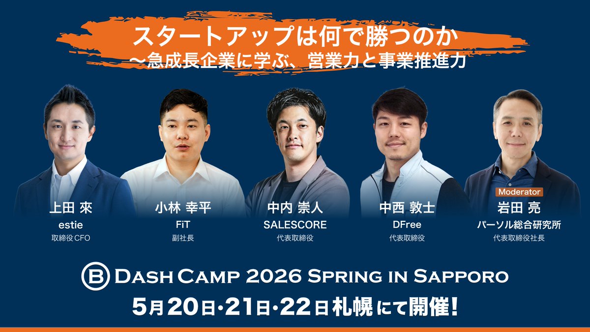 BDashCamp's tweet photo. 2026年5月20日〜22日@札幌開催！
B Dash Camp 2026 Spring in Sapporoセッション紹介

「スタートアップは何で勝つのか 〜急成長企業に学ぶ、営業力と事業推進力」
 
スピーカー：
上田 來（estie）
小林 幸平（FiT）
中内 崇人（SALESCORE）
中西 敦士（DFree）

モデレーター：
岩田 亮（パーソル総合研究所）

※敬称略・氏名五十音順
#bdashcamp