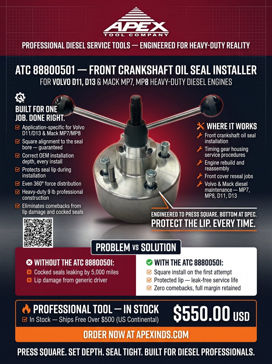 apextools's tweet photo. AUTHORITY ANGLE⚙️ If you reseal MP/D-platform front covers professionally, you already know: dedicated tooling separates the journeyman from the apprentice. ATC 88800501. $550. Done right. https://t.co/eM5KmNQ5yc #MasterTech #VolvoMack https://t.co/sEQMmQOXOJ