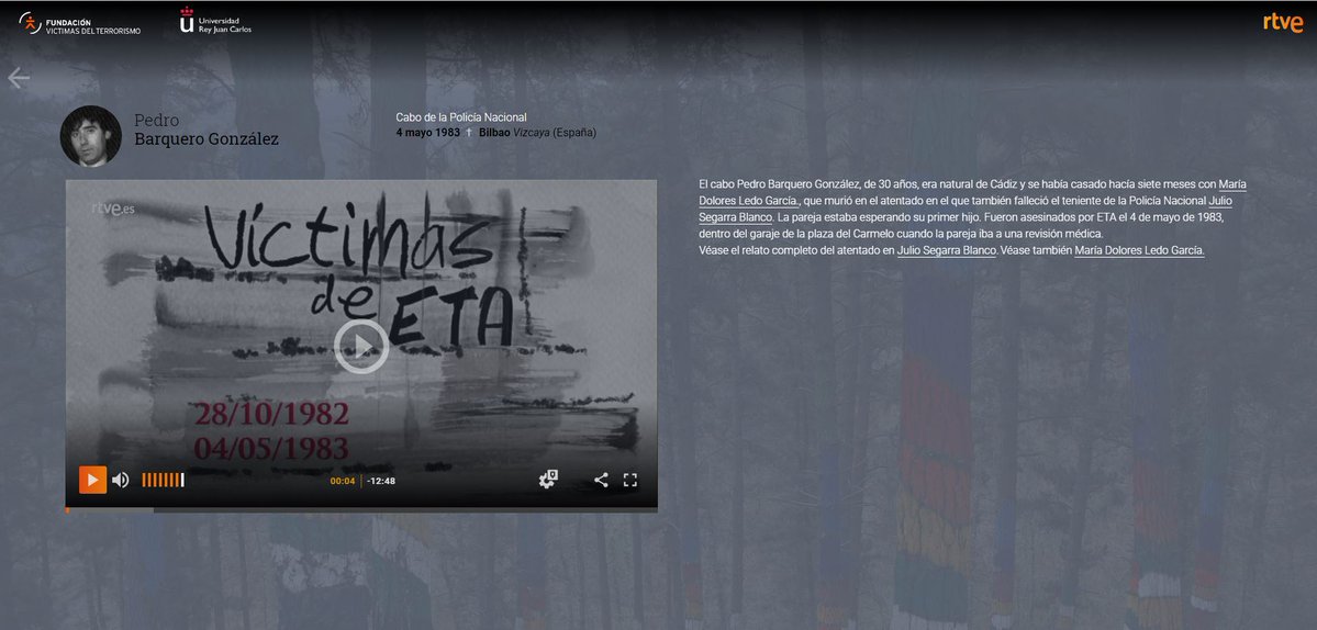 _FundacionVT's tweet image. Siempre en la #memoria. El 04-05-83, PEDRO BARQUERO GONZÁLEZ, cabo @policia, fue asesinado en Bilbao por #ETA. Quiso evitar el secuestro de Julio Segarra en el garaje de la Pza del Carmelo, pero los etarras dispararon a él y a su esposa. Tenía 30 años.
rtve.es/memoriadevida/…
(1)