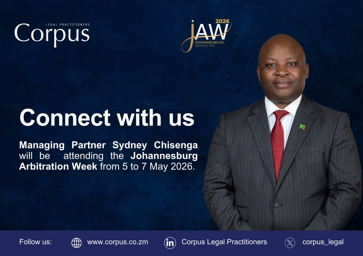 corpus_legal's tweet image. Our Managing Partner, Sydney Chisenga FCIArb (@SydChise) will attend Johannesburg Arbitration Week 2026, hosted by AFSA from 5–7 May in South Africa, engaging with leading voices on the future of arbitration and cross‑border dispute resolution.
#Corpus #JAW2026 #Arbitration #ADR