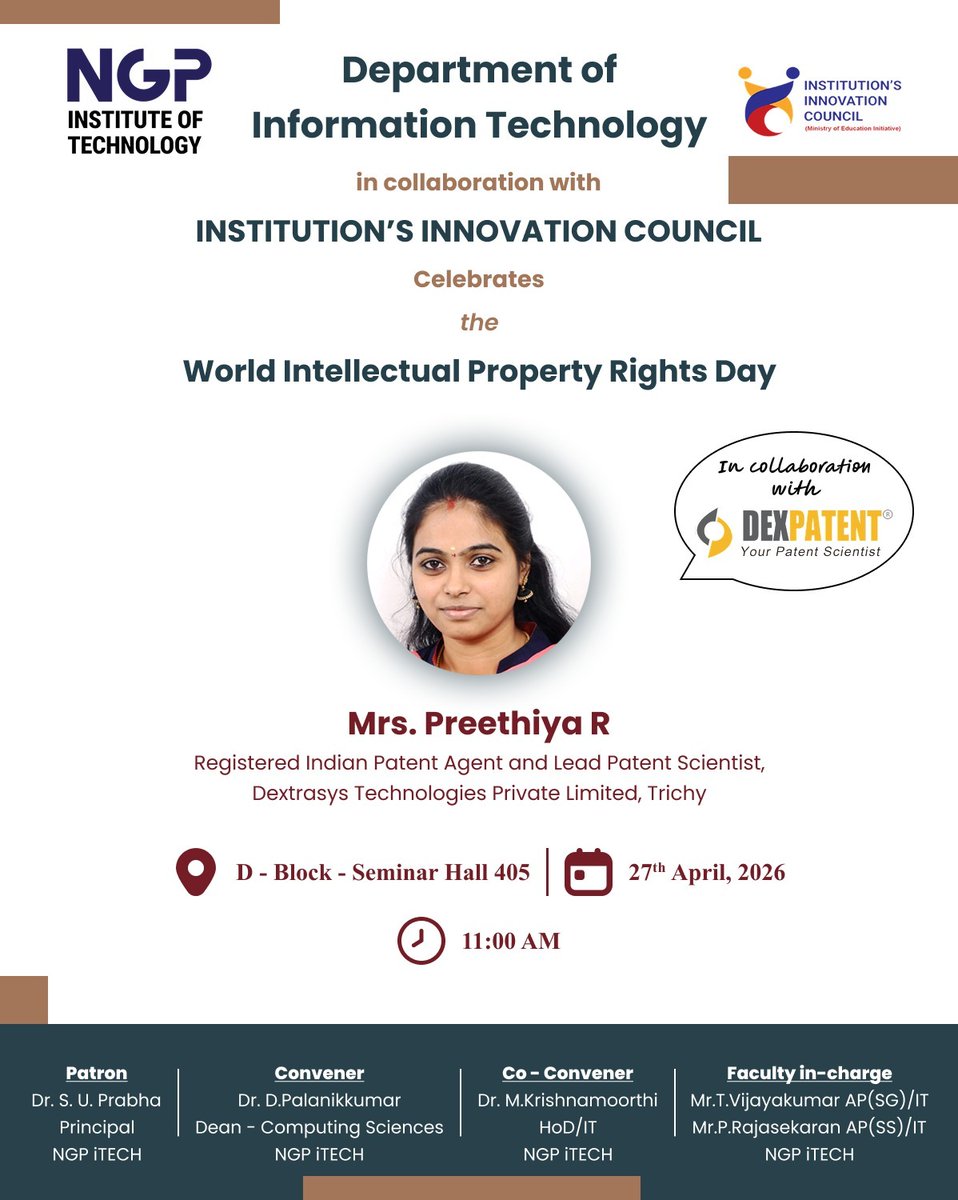 DexPatent's tweet photo. Proud to represent DexPatent at NGP Institute of Technology, Coimbatore on World IP Rights Day 🌍📚

Ms. Preethiya shared insights on turning ideas into valuable IP 💡➡️📜

Building awareness for a stronger innovation ecosystem 🚀 https://t.co/Zlf3ul6djL