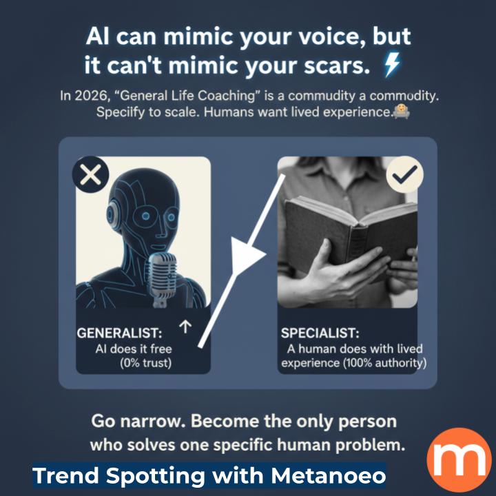 AI can mimic your voice, but it can’t mimic your scars. ⚡️
Generalist: AI does it for free (0% trust).
Specialist: A human does it with lived experience (100% authority).
Go narrow. Become the only person who solves one specific human problem. #Authenticity2026 #NicheCoaching
