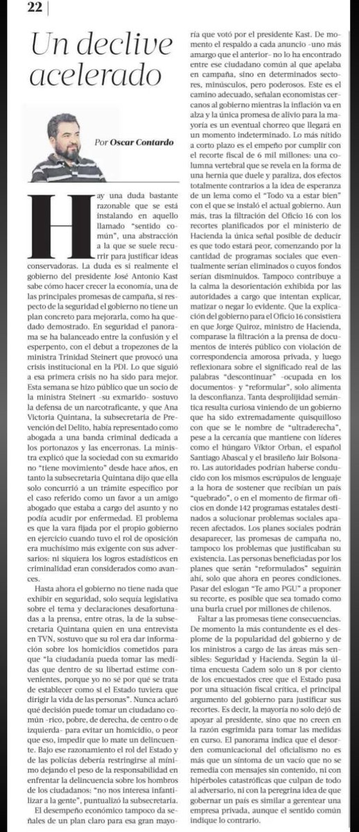 La columna de Oscar Contardo también demuele al gobierno de Kast.