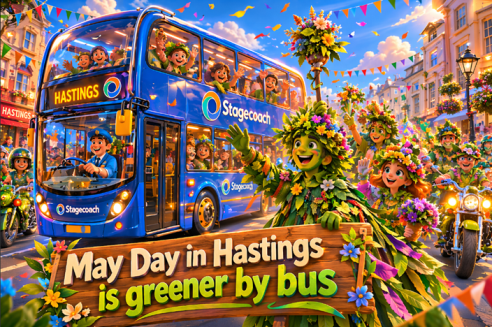 StagecoachSE's tweet image. Visiting the May Day Bank Holiday Festivities in #Hastings? 🍃 🎉 🏍️

It's greener by bus! 🚌 

ℹ️ Most buses will be diverted between the hours of 07:00 &amp;amp; 20:00 today. Please see stge.co/4ltO6wd full diversion info.