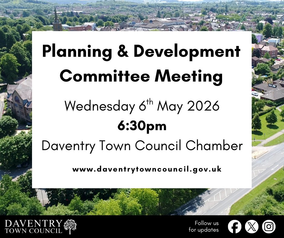 Daventry_TC's tweet photo. 📢 The next 𝗣𝗹𝗮𝗻𝗻𝗶𝗻𝗴 &amp; 𝗗𝗲𝘃𝗲𝗹𝗼𝗽𝗺𝗲𝗻𝘁 𝗖𝗼𝗺𝗺𝗶𝘁𝘁𝗲𝗲 𝗠𝗲𝗲𝘁𝗶𝗻𝗴 takes place on Wednesday 6th May at 6.30pm in the Town Council Chamber.
Members of the press and public are welcome to attend.

📄 View the agenda here:
https://t.co/ekahHaZ3MX https://t.co/nSCW2vvBBI