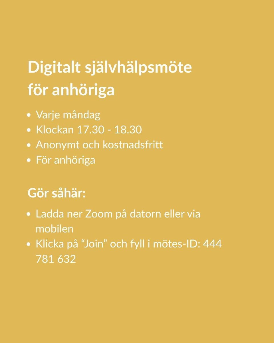spelfriheten's tweet photo. Föreningen Spelfriheten öppnar upp renodlade självhjälpsmöten för anhöriga. Varje måndag mellan kl. 17.30 - 18.30. 

Kvällens tema - Självomsorg - Vad gör jag idag för att ta hand om mig själv och skapa utrymme för återhämtning? 

Välkommen in. 🤗

#spelberoende #anhörigstöd https://t.co/3zmPxpcx6l