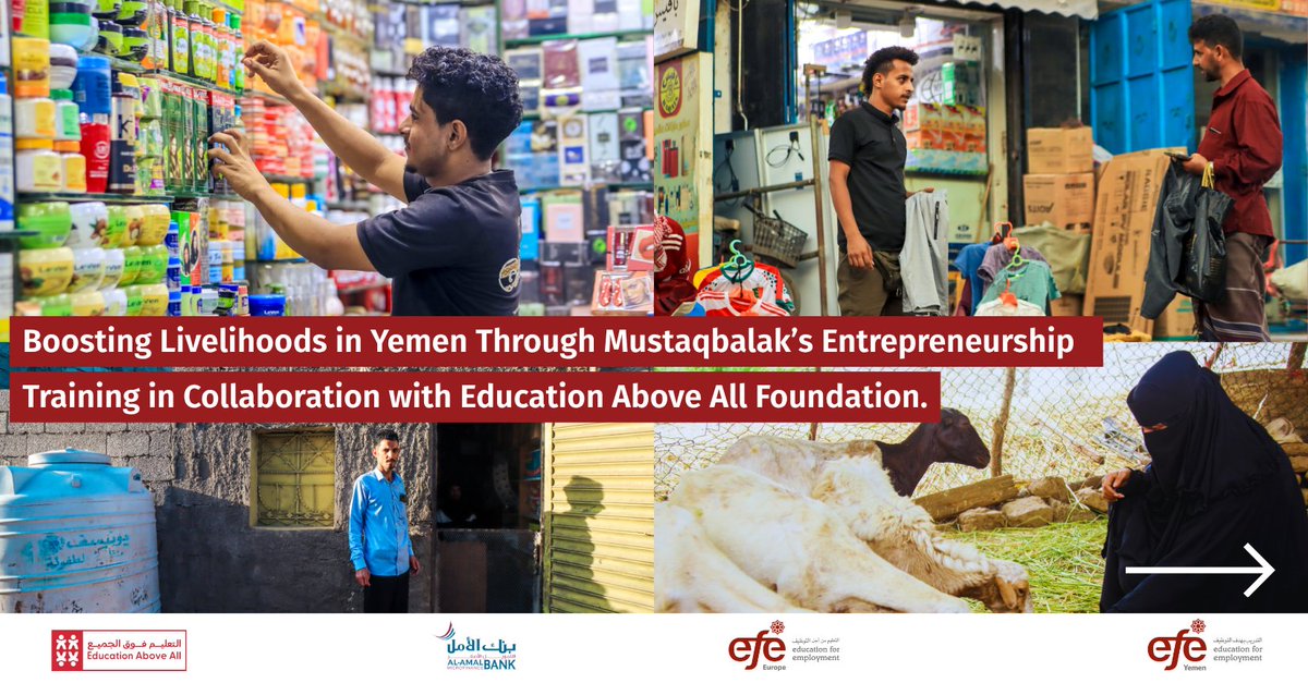 ef_EUhub's tweet photo. 🌱 Through Mustaqbalak Entrepreneurship training, young Yemenis, especially women, gain essential skills to thrive. Participants also receive access to financing, helping them improve livelihoods and create new opportunities in their communities. 🤝 Funded by @EAA_Foundation https://t.co/izG5ScoSoC
